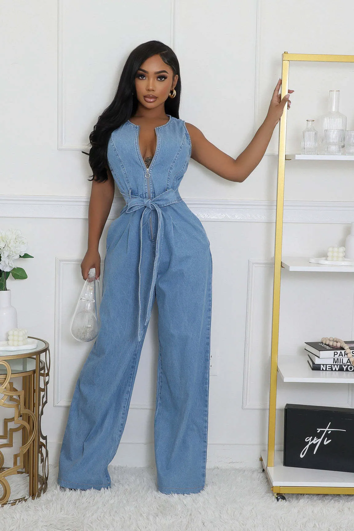 Stylish Slim Elastic Waist Straight-Leg Denim Jumpsuit for Effortless Cool
