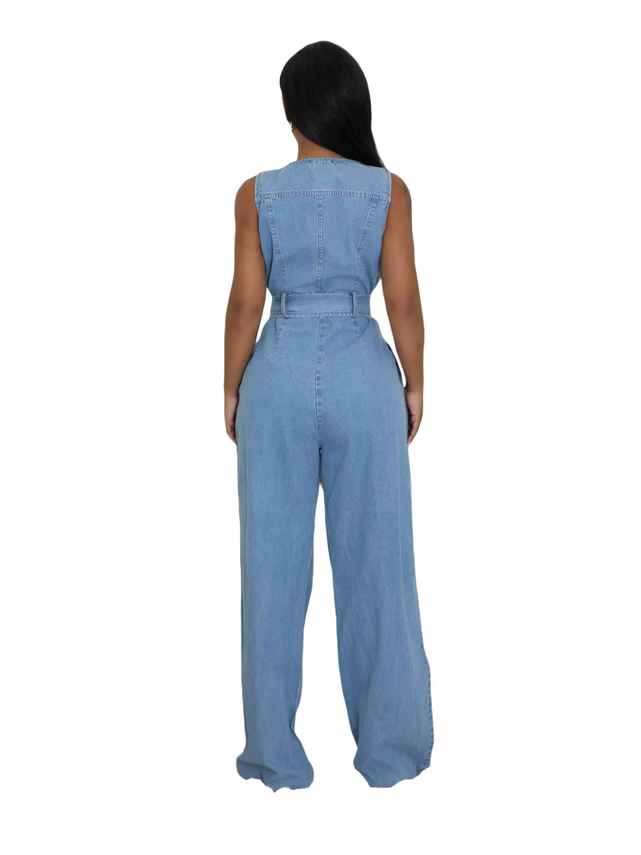 Stylish Slim Elastic Waist Straight-Leg Denim Jumpsuit for Effortless Cool