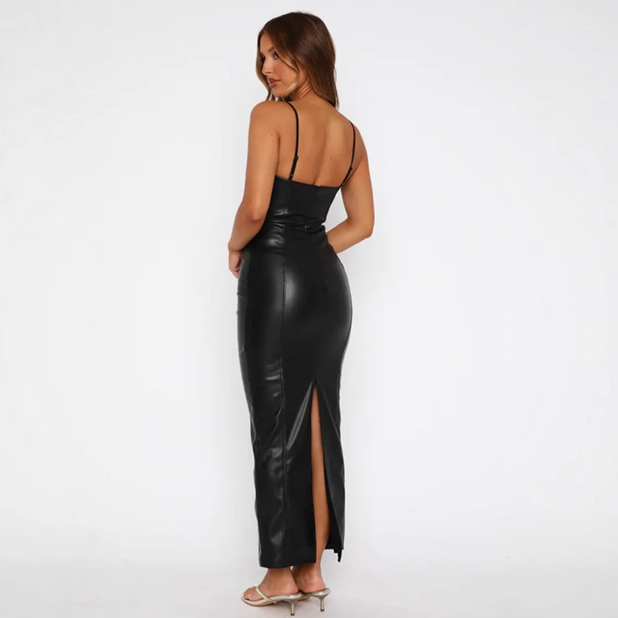 Sultry Faux Leather Strappy Bodycon Maxi Dress with Sleek Fit