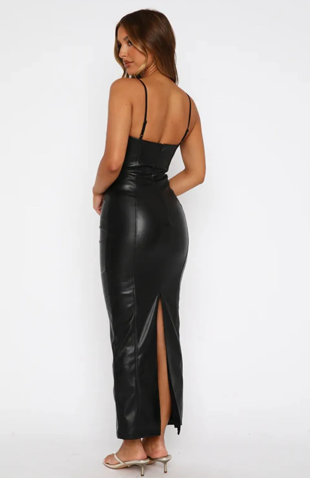 Sultry Faux Leather Strappy Bodycon Maxi Dress with Sleek Fit