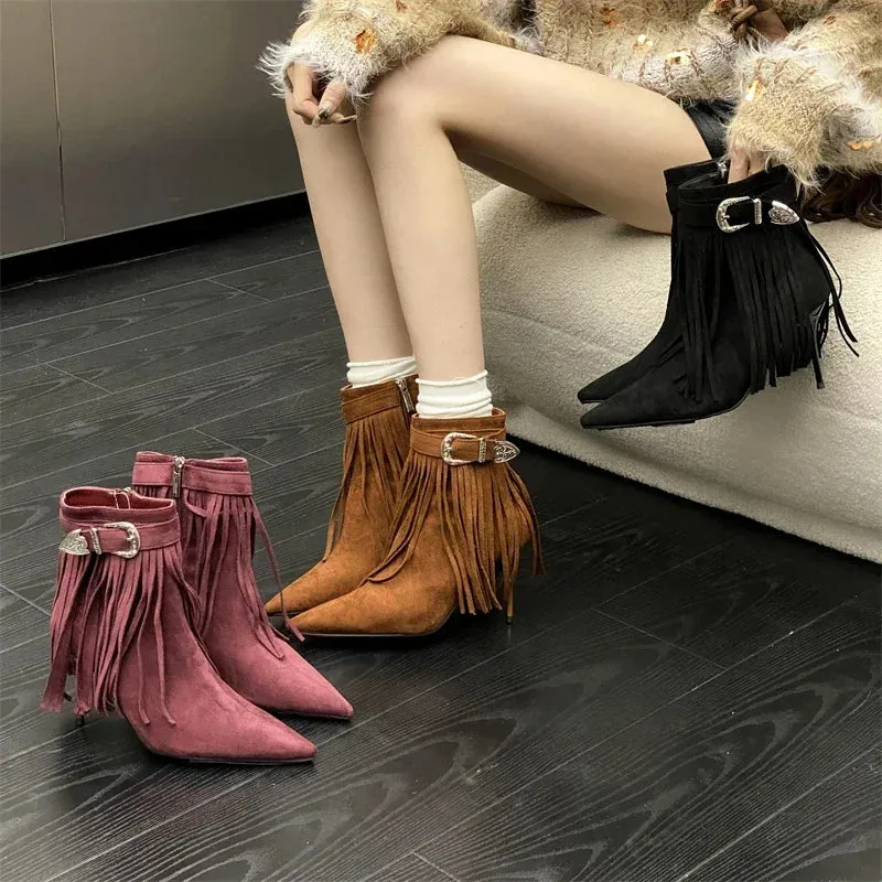 Tassel Belt Buckle Women’s Ankle Boots with Pointed Toe and Thin Heels, Fashionable Zipper Design