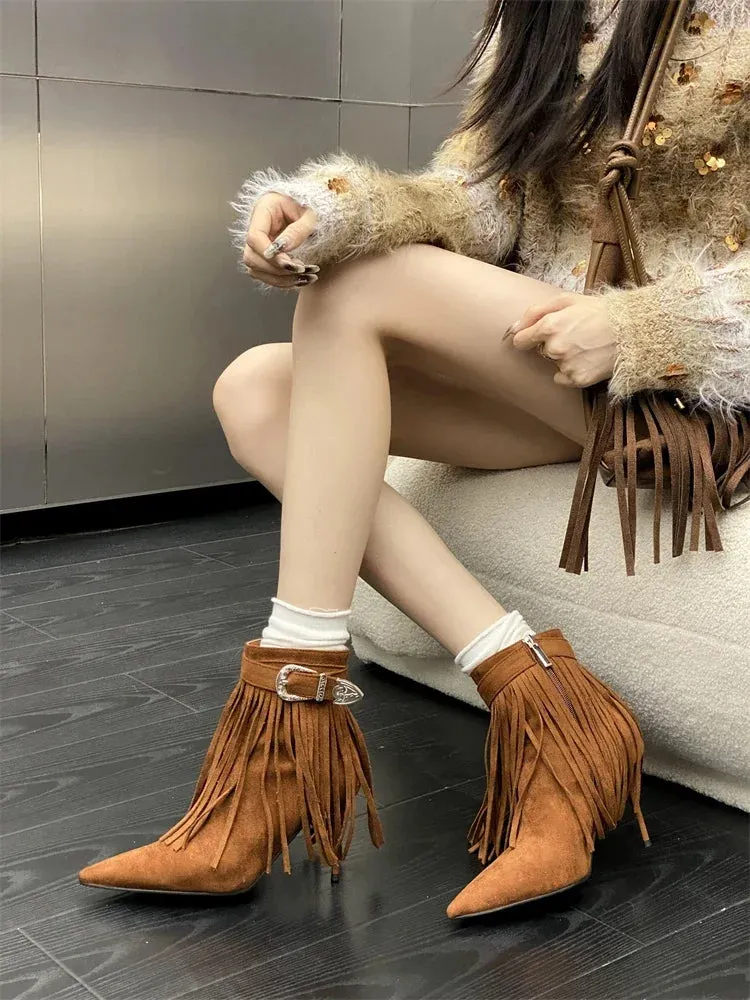 Tassel Belt Buckle Women’s Ankle Boots with Pointed Toe and Thin Heels, Fashionable Zipper Design