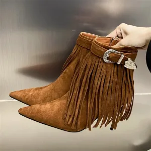 Tassel Belt Buckle Women’s Ankle Boots with Pointed Toe and Thin Heels, Fashionable Zipper Design