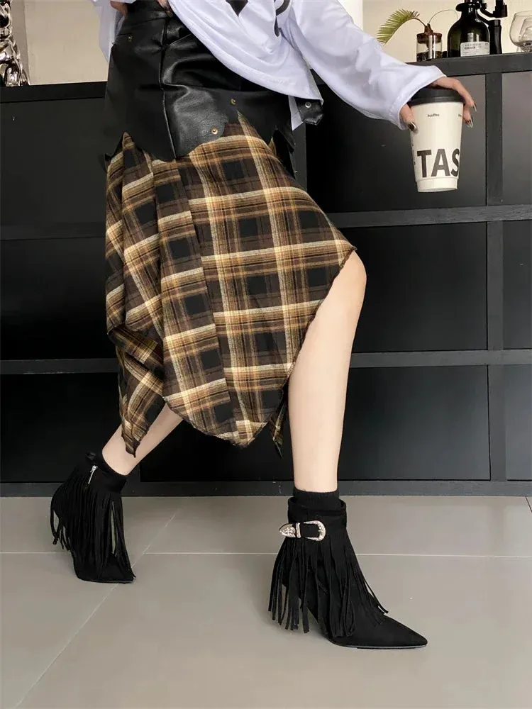 Tassel Belt Buckle Women’s Ankle Boots with Pointed Toe and Thin Heels, Fashionable Zipper Design