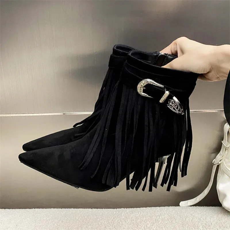 Tassel Belt Buckle Women’s Ankle Boots with Pointed Toe and Thin Heels, Fashionable Zipper Design