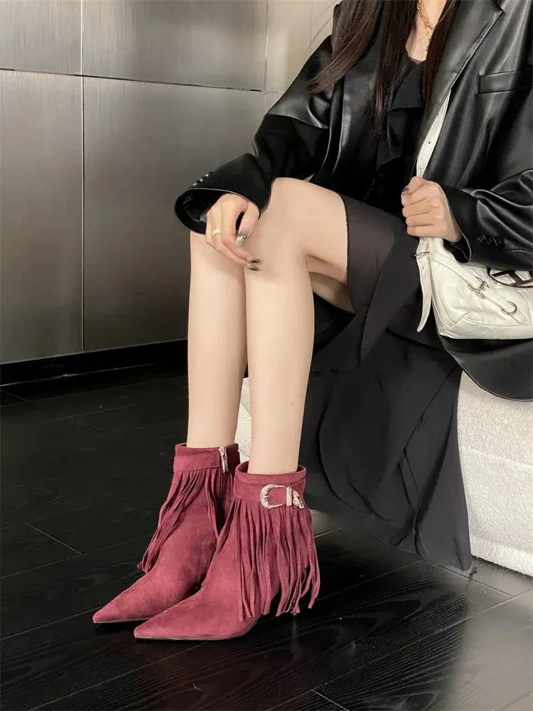 Tassel Belt Buckle Women’s Ankle Boots with Pointed Toe and Thin Heels, Fashionable Zipper Design