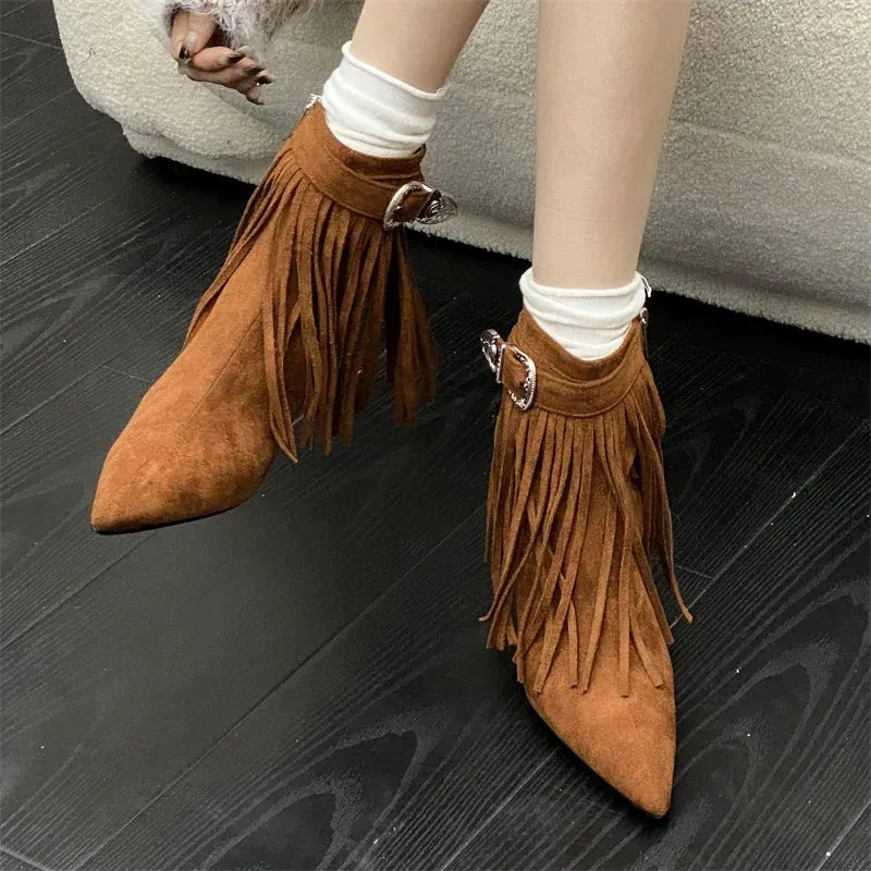 Tassel Belt Buckle Women’s Ankle Boots with Pointed Toe and Thin Heels, Fashionable Zipper Design