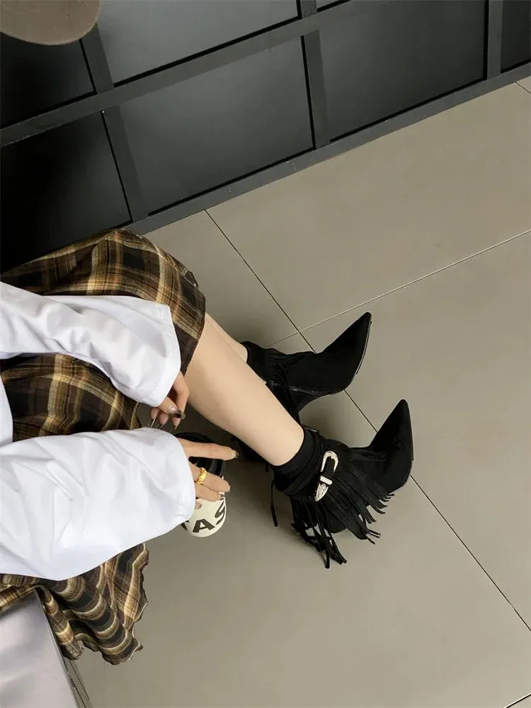 Tassel Belt Buckle Women’s Ankle Boots with Pointed Toe and Thin Heels, Fashionable Zipper Design
