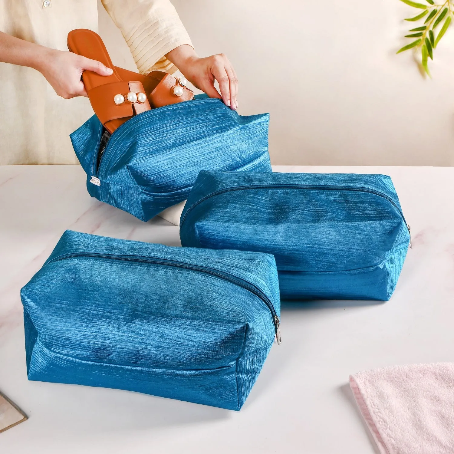 Teal Zippered Shoe Bags For Travel Large Set Of 3