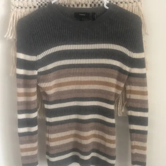 Theory 100% Cashmere Knit Ribbed Mixed Stripe Crewneck Regal Sweater Large