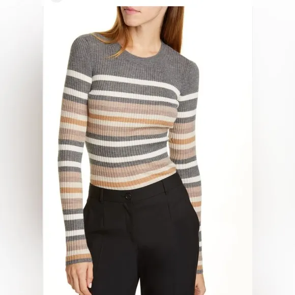 Theory 100% Cashmere Knit Ribbed Mixed Stripe Crewneck Regal Sweater Large