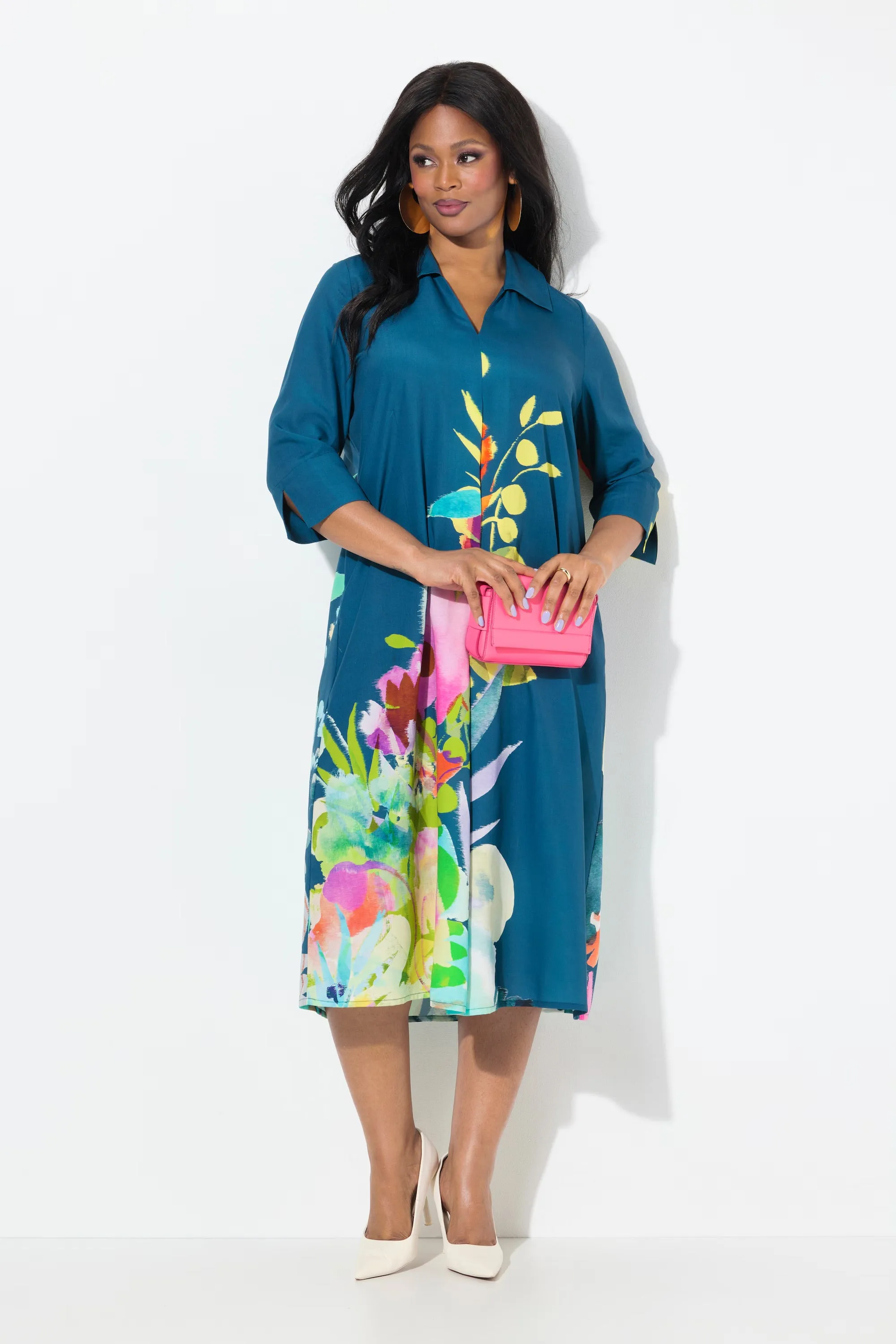 Ulla Popken Floral Shirt Dress in Blue
