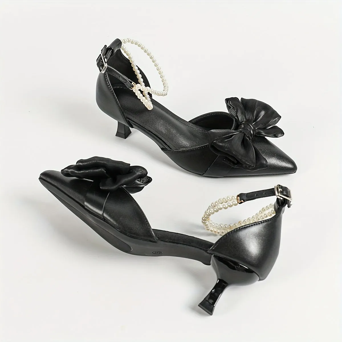 VougeVamp Elegant Stiletto Heels – Pointed Toe with Pearl Straps & Butterfly Flower Accents