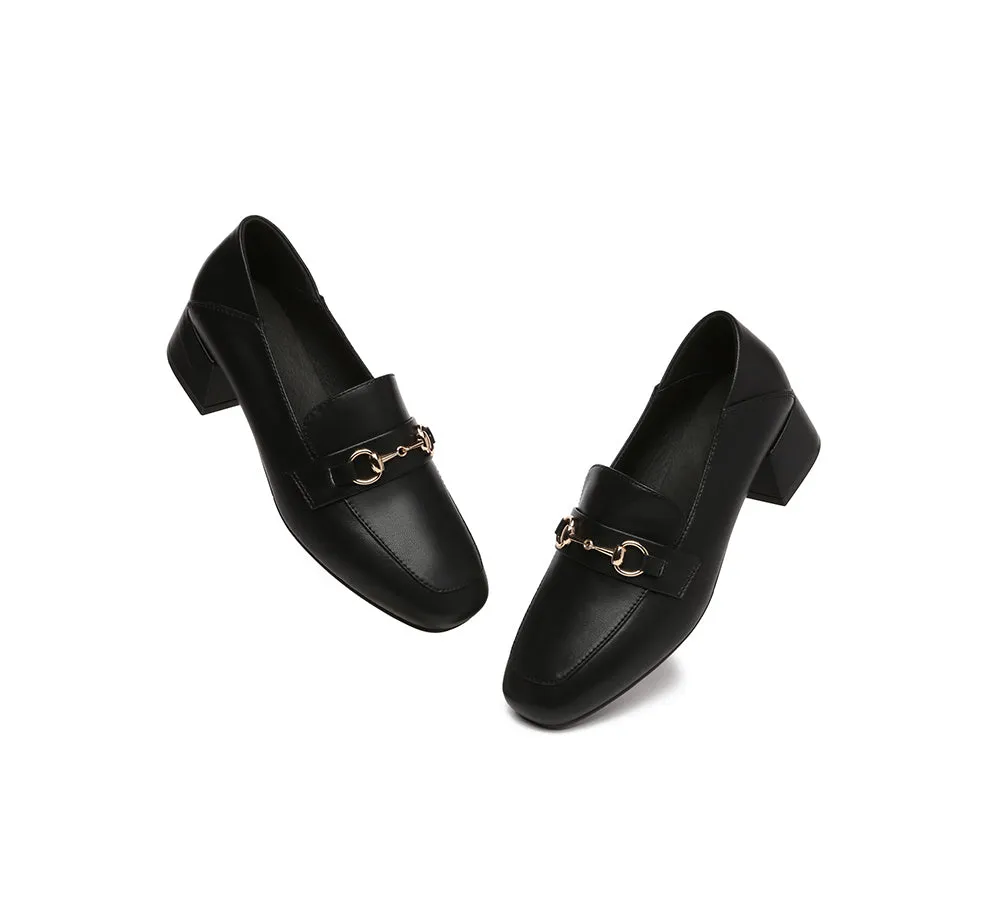 Women Leather Gold Buckle Low Block Heel Loafers Mia