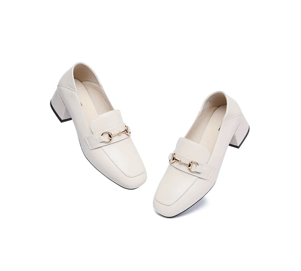 Women Leather Gold Buckle Low Block Heel Loafers Mia