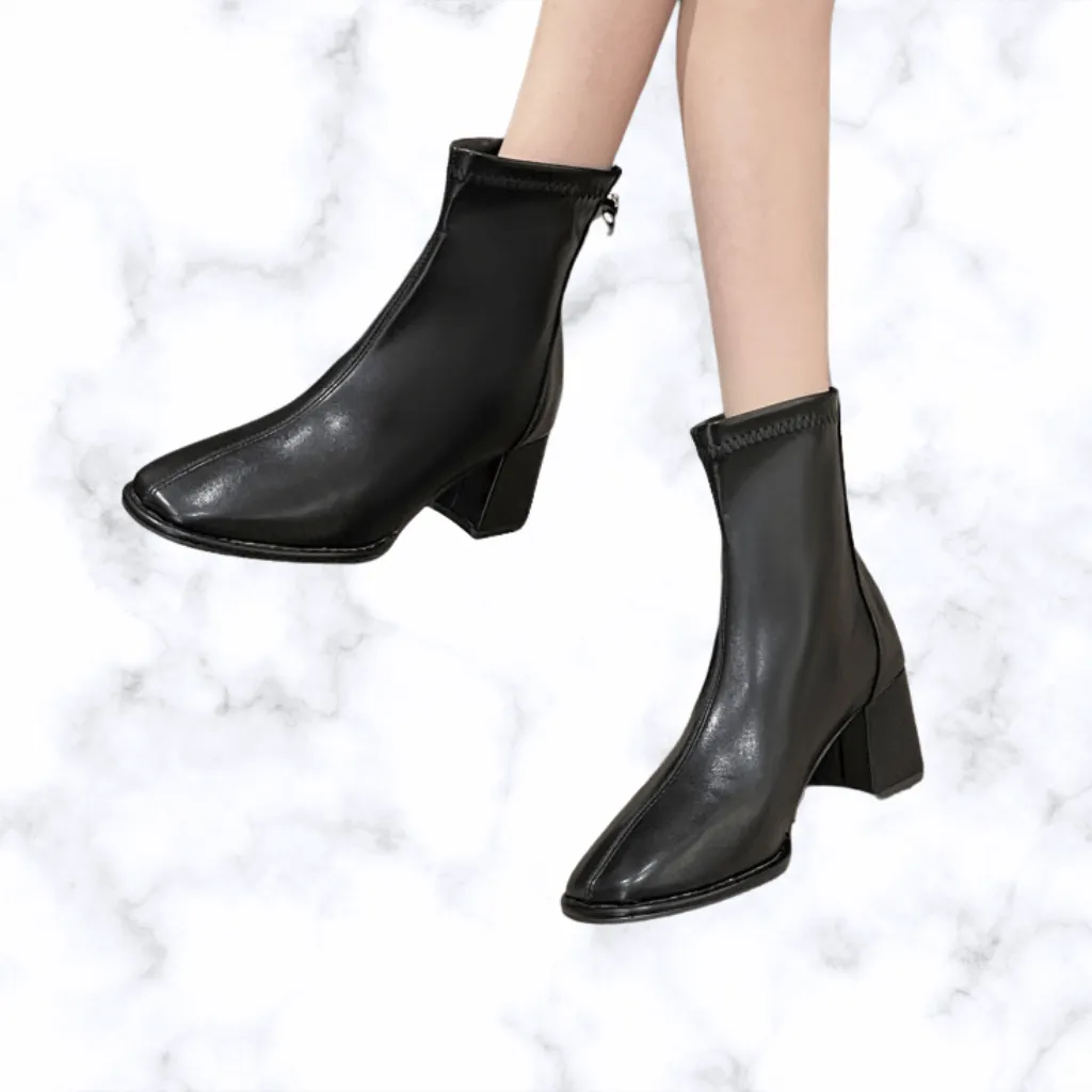 Women's British Style Square Toe Zipper Boots, Winter Fashion Chunky Heel High Heeled Designer Shoes