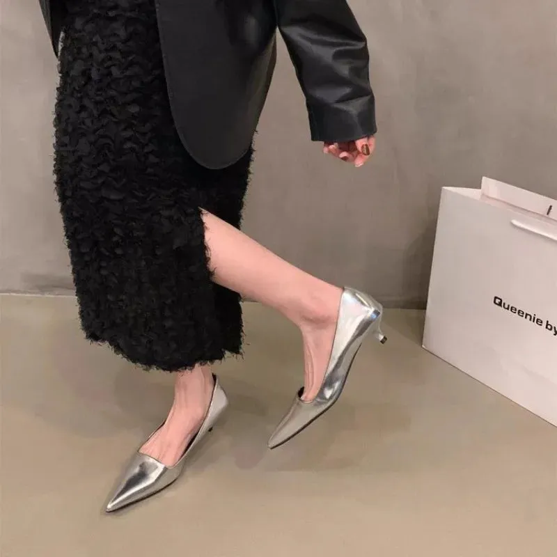 Women's Patent Leather Pointed Toe Heels – Elegant Gold & Silver Pumps for Weddings & Formal Events