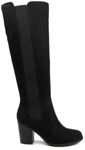 Womens Trendy Riding Boots Heeled Knee High Boot with Tall Shaft 9.5 Black Oil Fabric