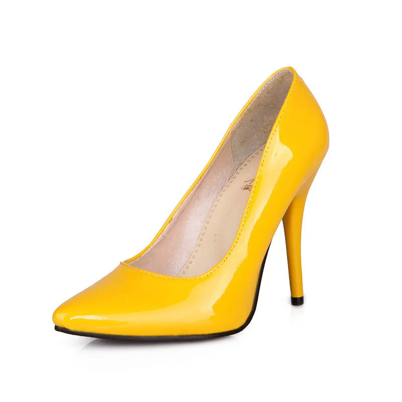 Yellow Blue Red Glossy Women Nude Pumps Pointed Toe Super High Heels Ladies Wedding Shoes A05